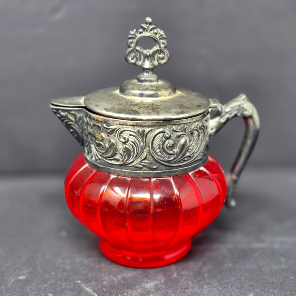 Antique Pigeon Blood Red Glass And Pewter? Creamer